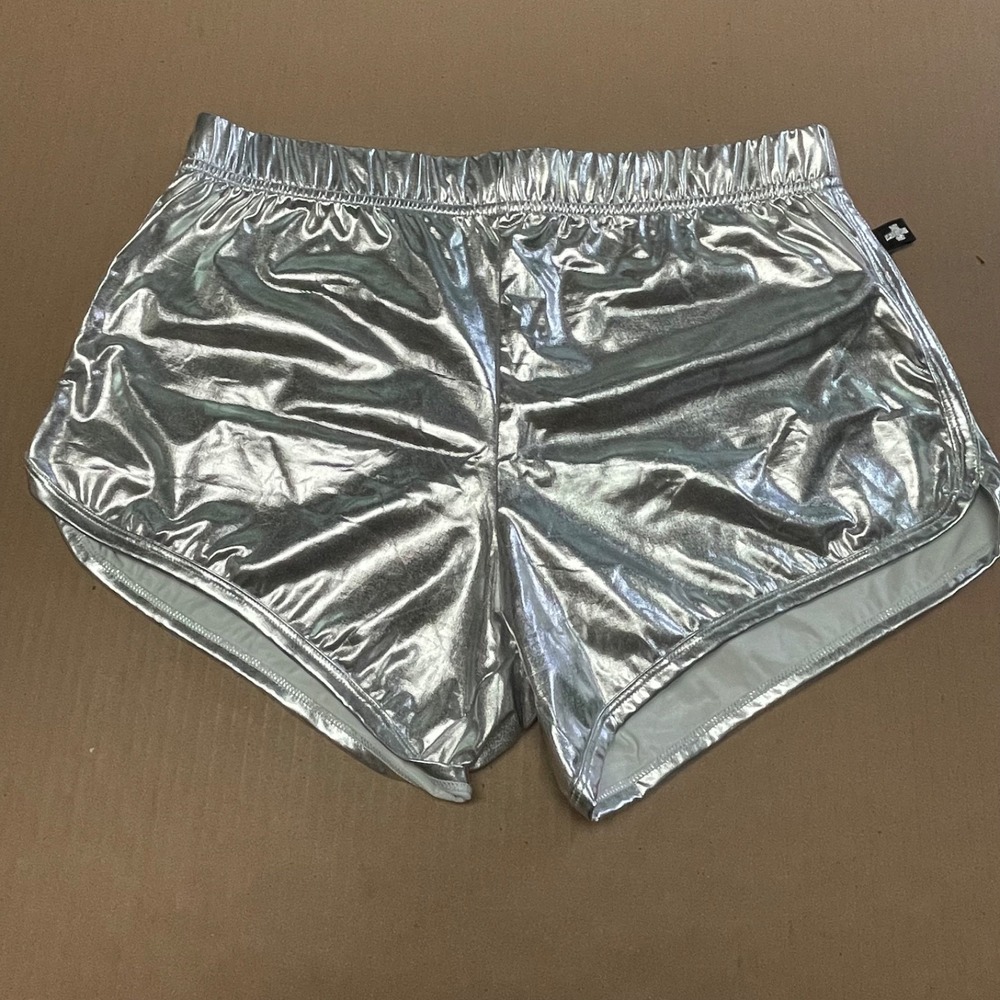 Andrew Christian Liquid Silver Shiny Booty Shorts Mens Size Large Festival Dance